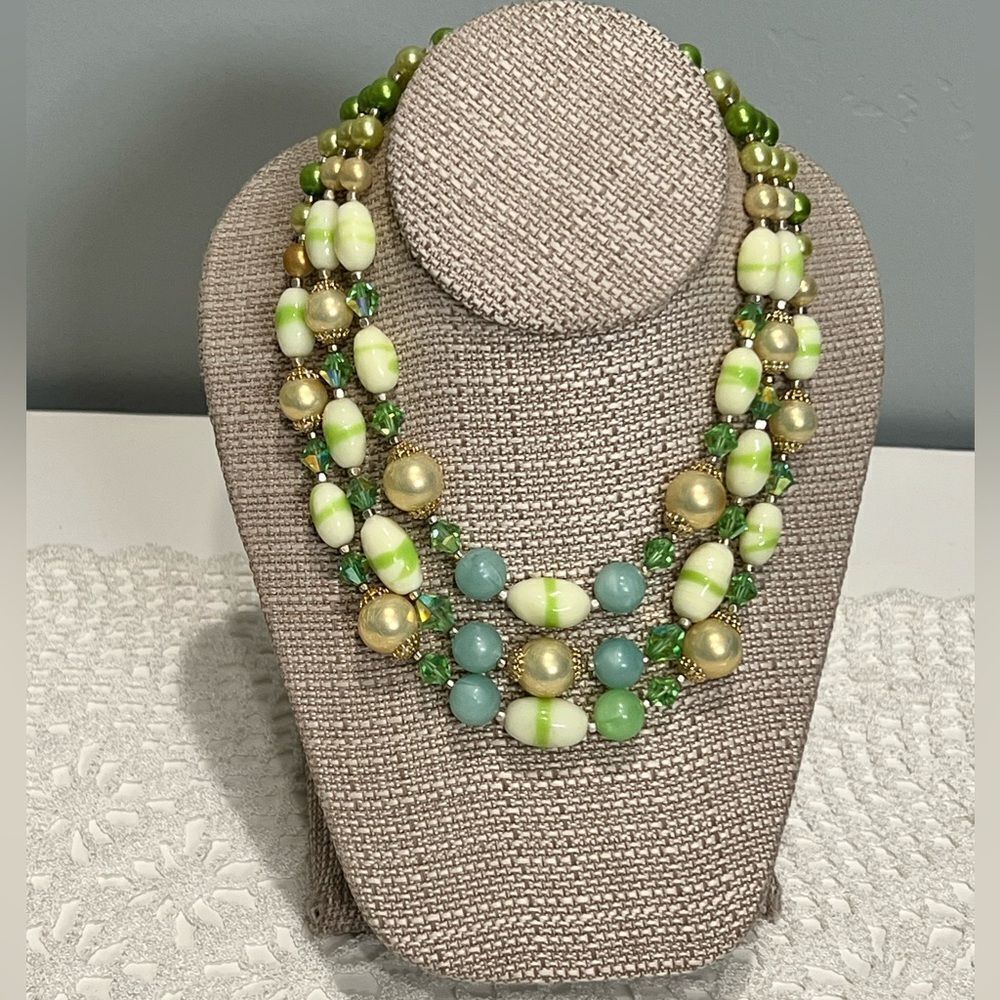 Vintage 1950’s JAPAN 3 Row Green Art Glass Beaded Glam Statement necklace